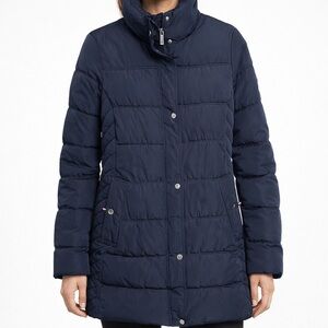 Tommy Hilfiger Navy Long Puffer Coat Quilted Snap Zip Jacket Women’s Size Small